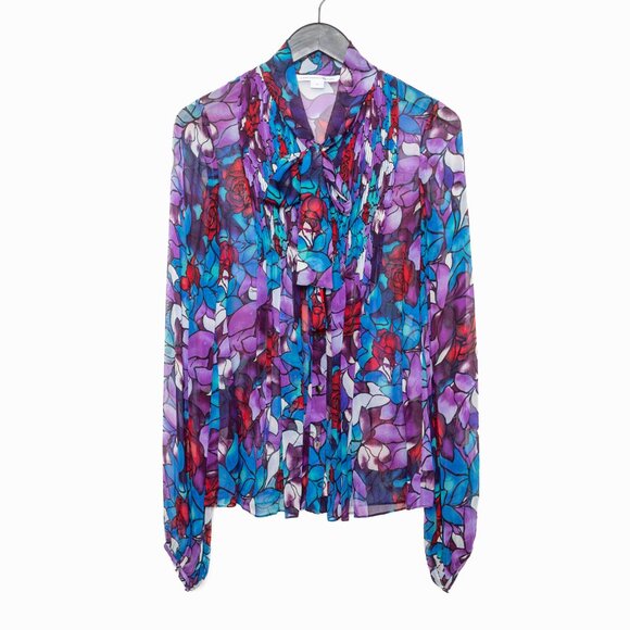 🌹 Diane von Furstenberg Stained Glass Floral Rose Silk Blouse - Purple Blue Red - Picture 2 of 13